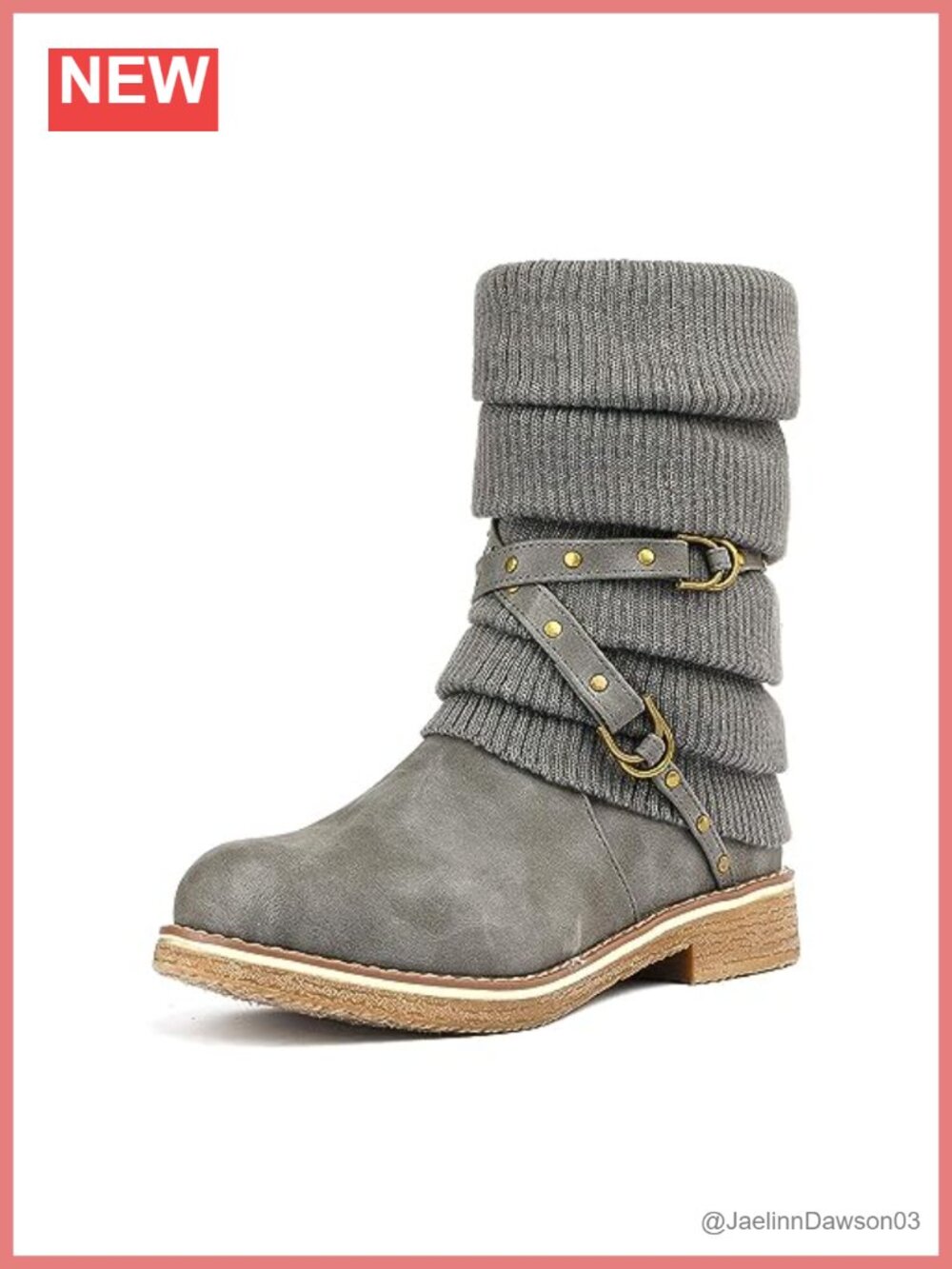 Women's Mid Calf Winter Snow Boots Faux Leather Knitted Cuff Side Zip